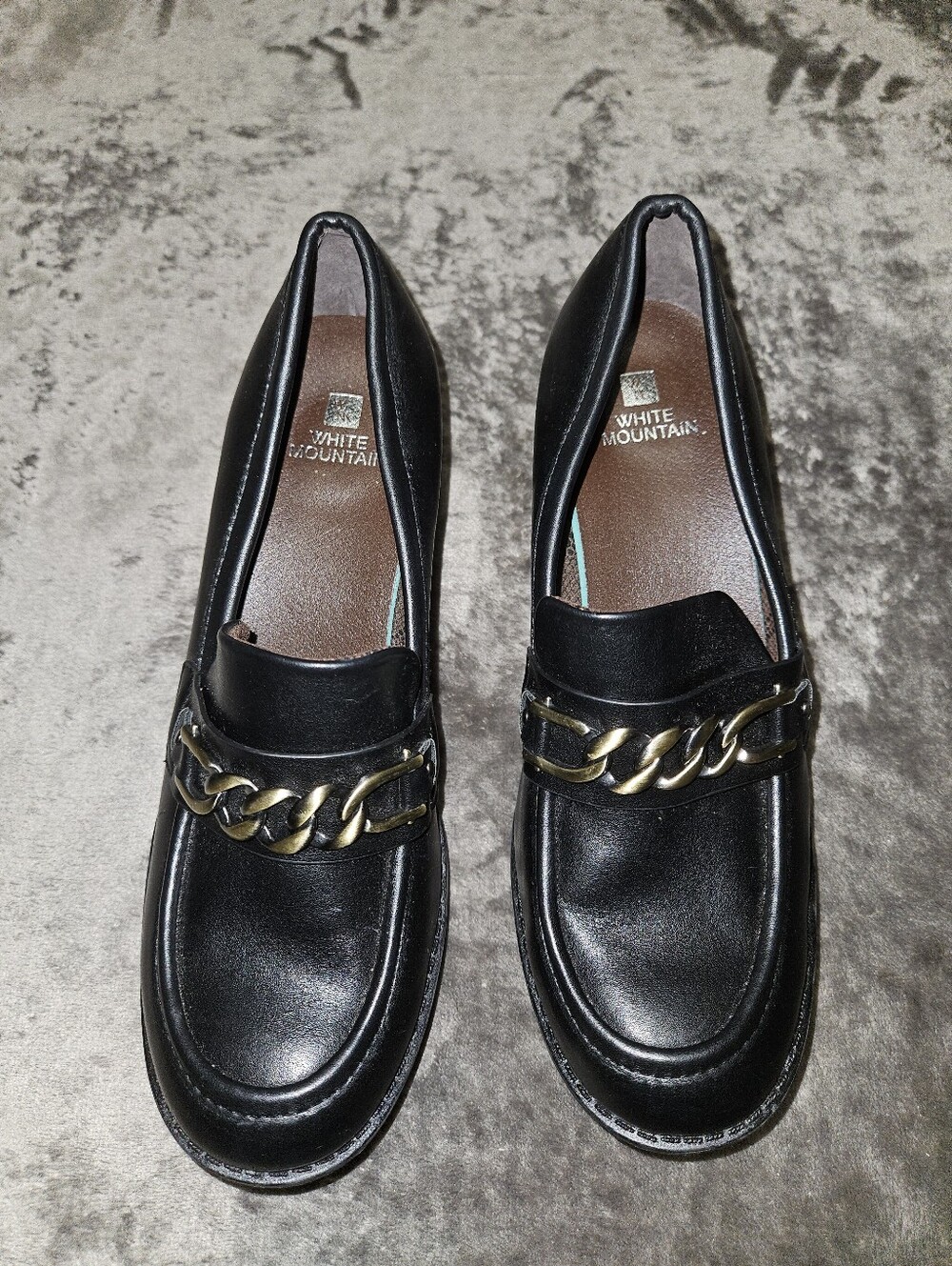 White Mountain Black Chain-Accent Block Heel Loafers Dark Academia Goth 9 Office